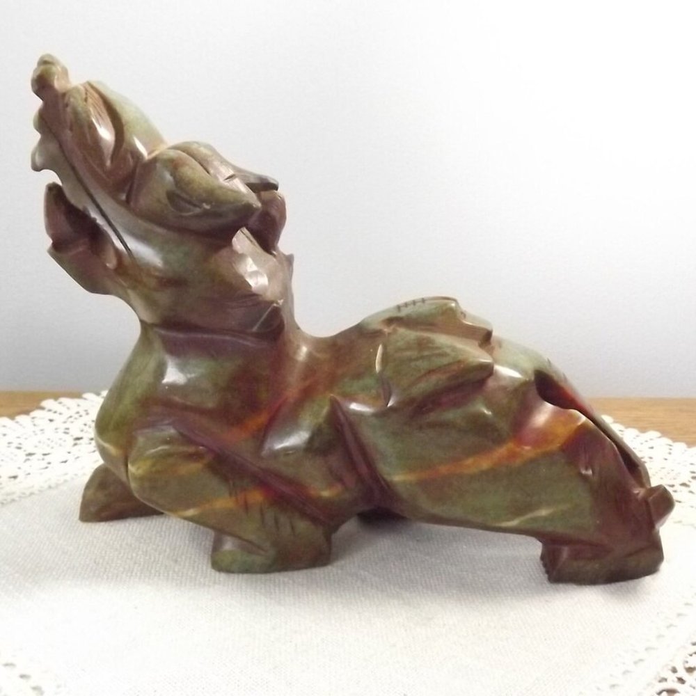 Vintage Carved Jade-like Stone Foo Dog Figure